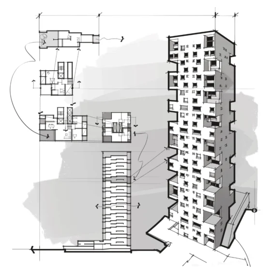 Kanchanjunga Apartments Charles Correa drawing
