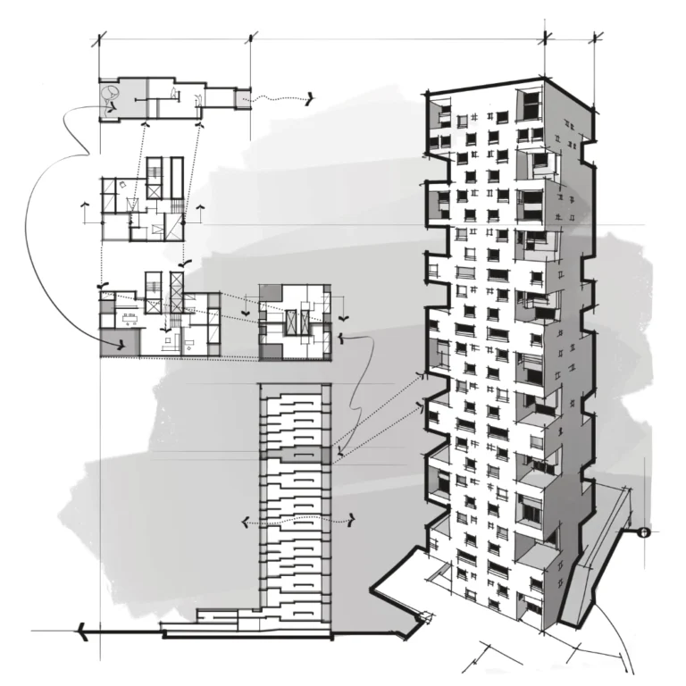 Kanchanjunga Apartments Charles Correa drawing