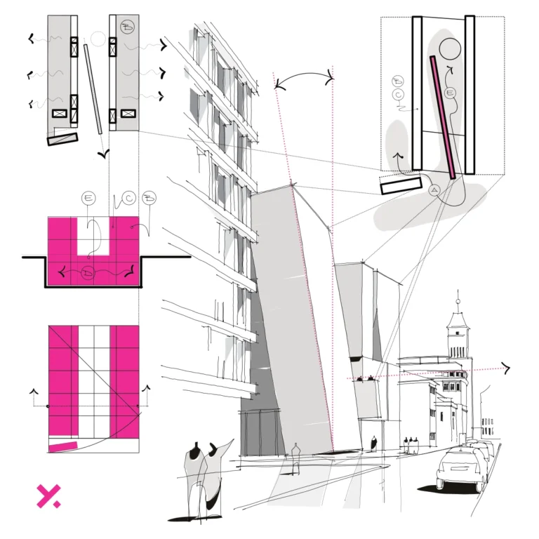 Diagram and perspective drawing of EDP HQ by Alejandro Aravena in Lisbon