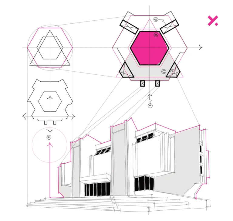 Diagram and perspective drawing of Luceafarul Theater Iasi, Romania